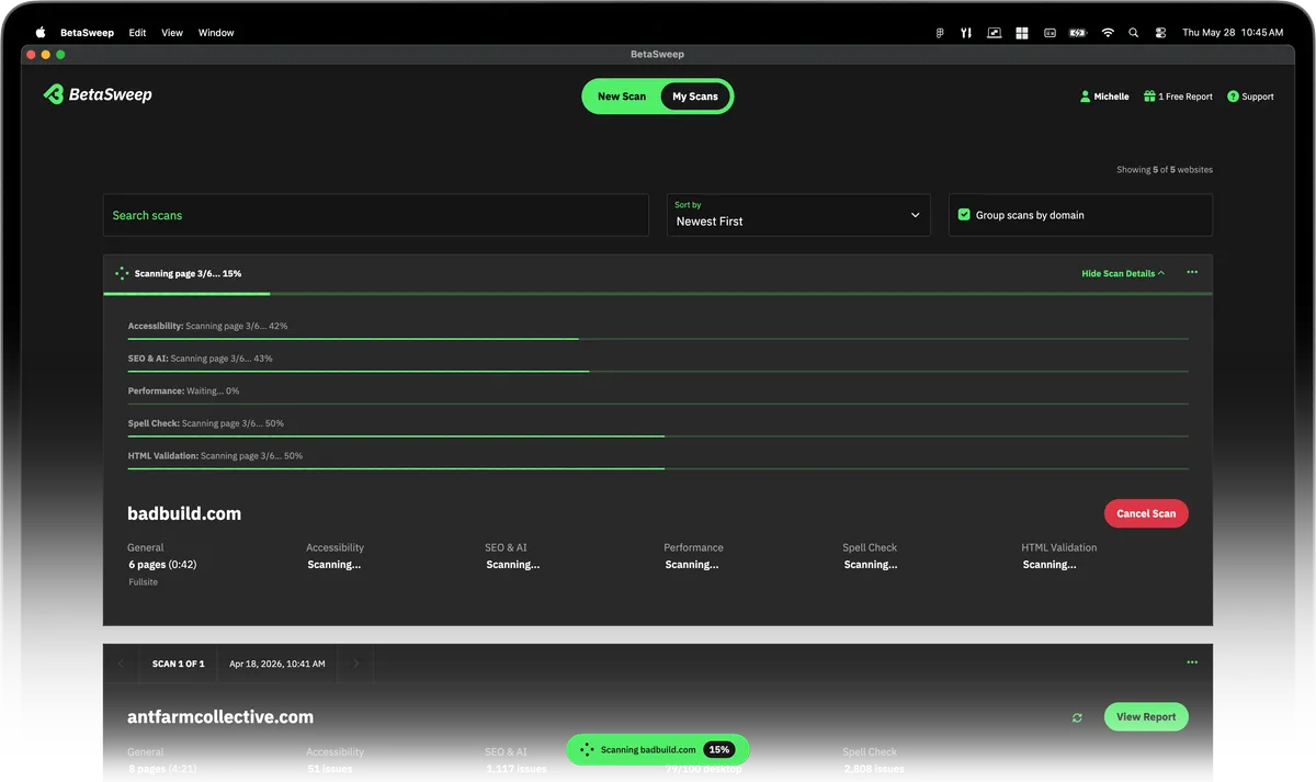 BetaSweep app showing the progress of a New Scan