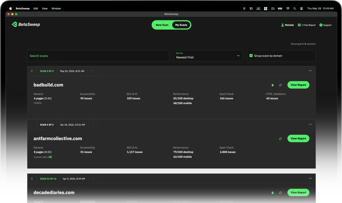 BetaSweep app showing a list of recent scans under the My Scans screen