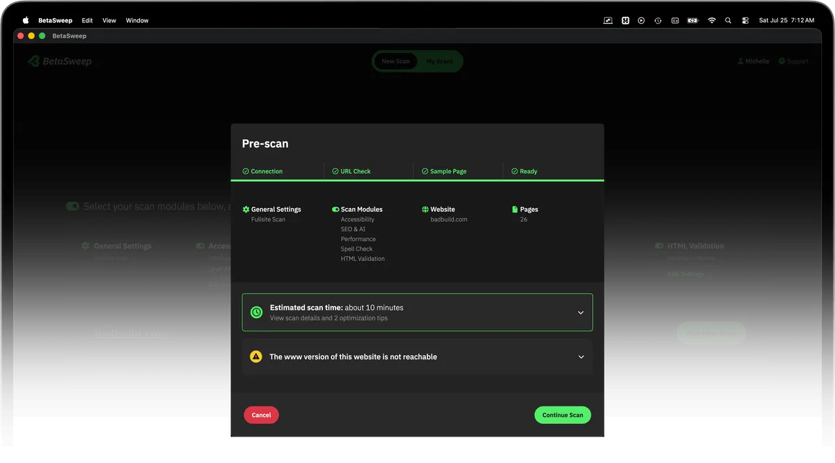 BetaSweep app showing the pre-scan step of a New Scan