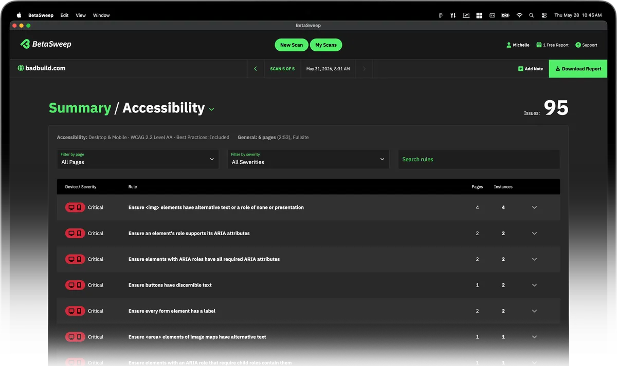 BetaSweep app showing details of the Accessibility report
