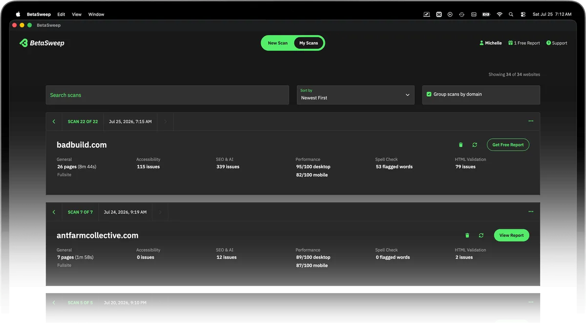 BetaSweep app showing a list of recent scans under the My Scans screen