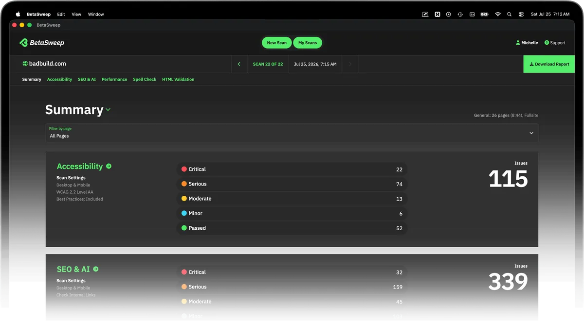 BetaSweep app showing a report summary
