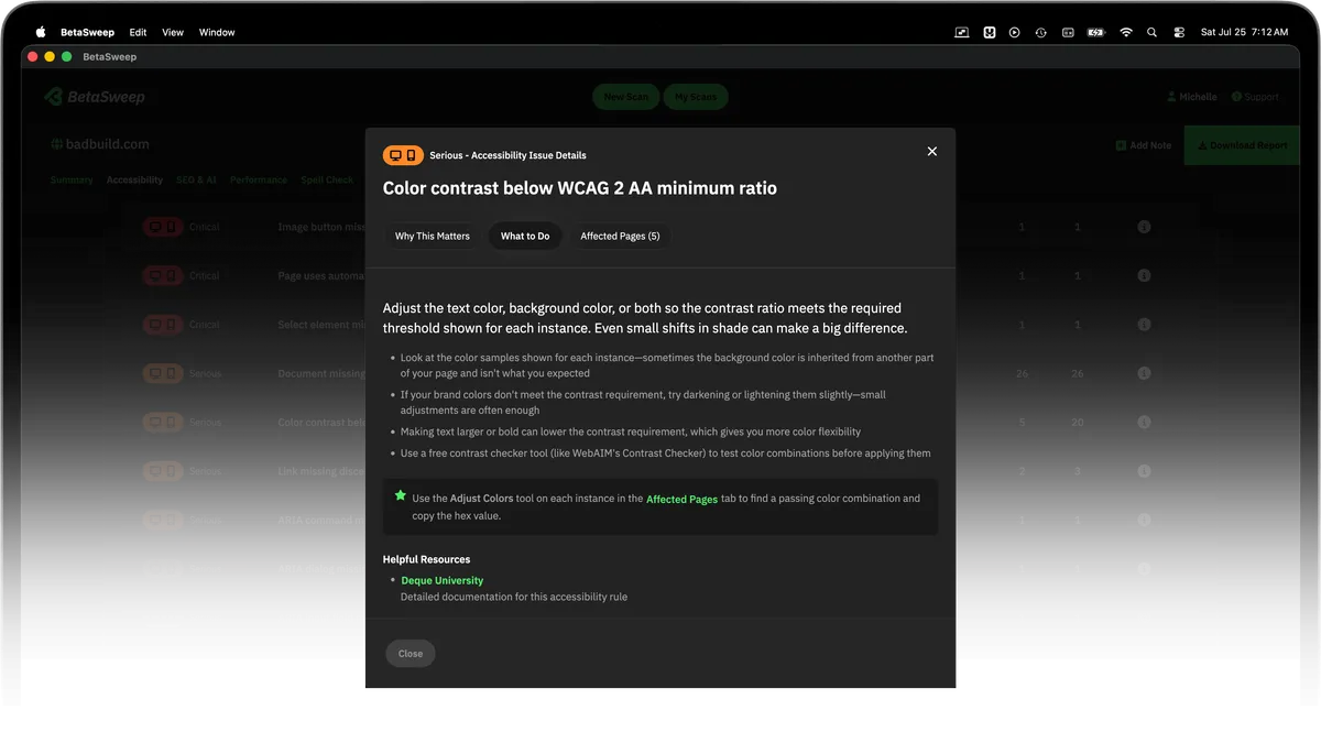 BetaSweep app showing the what-to-do details of an Accessibility violation