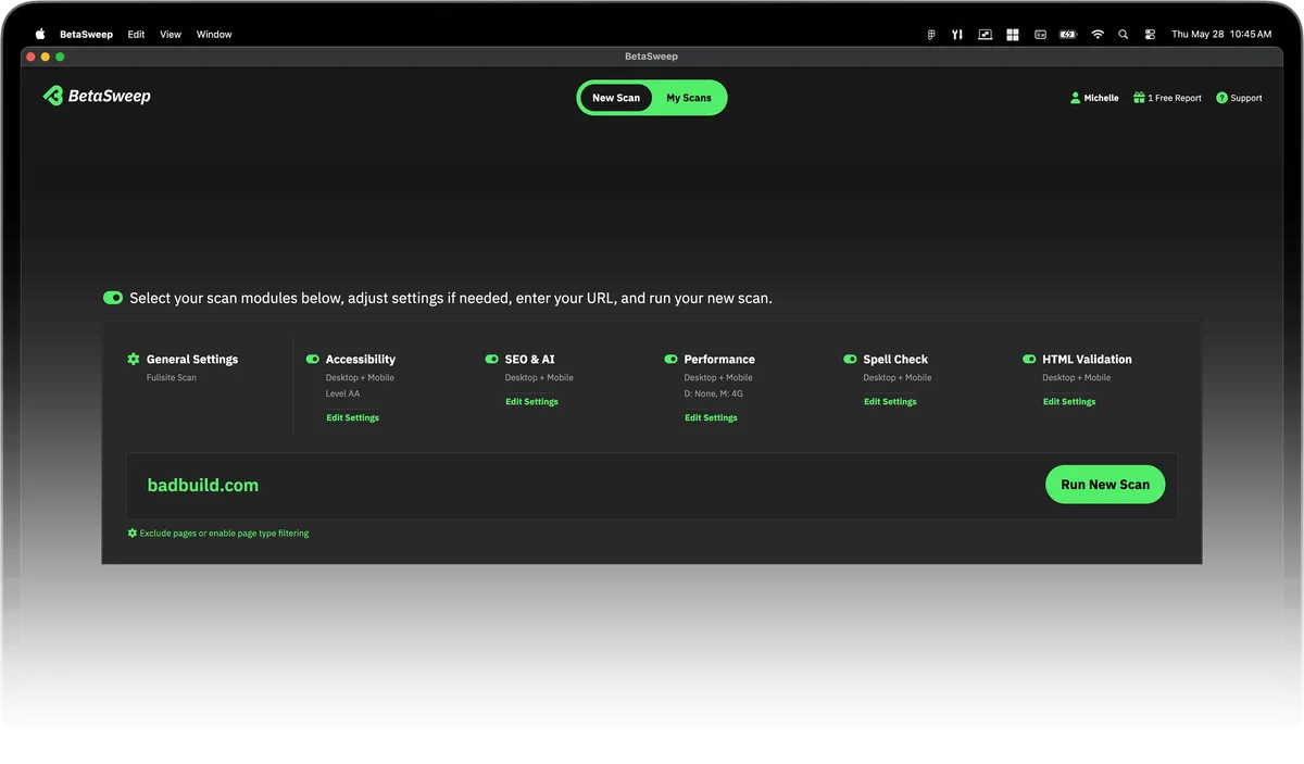 Laptop computer showing the starting screen of the BetaSweep app