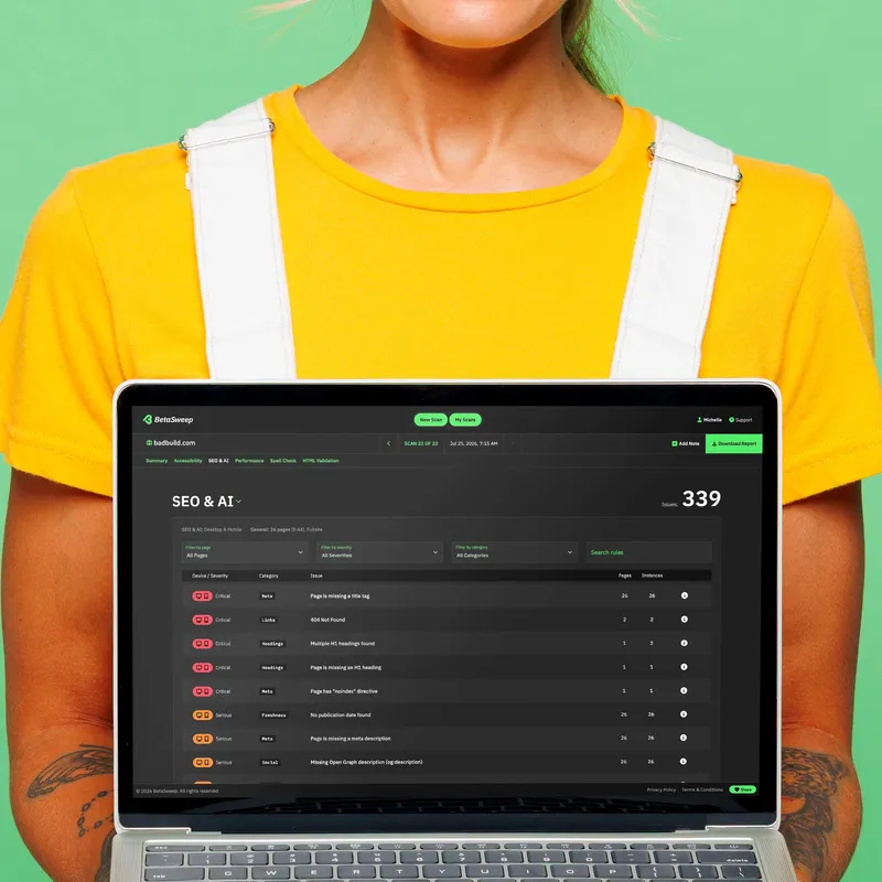 A woman holding a laptop showing a scans SEO & AI Optimization report