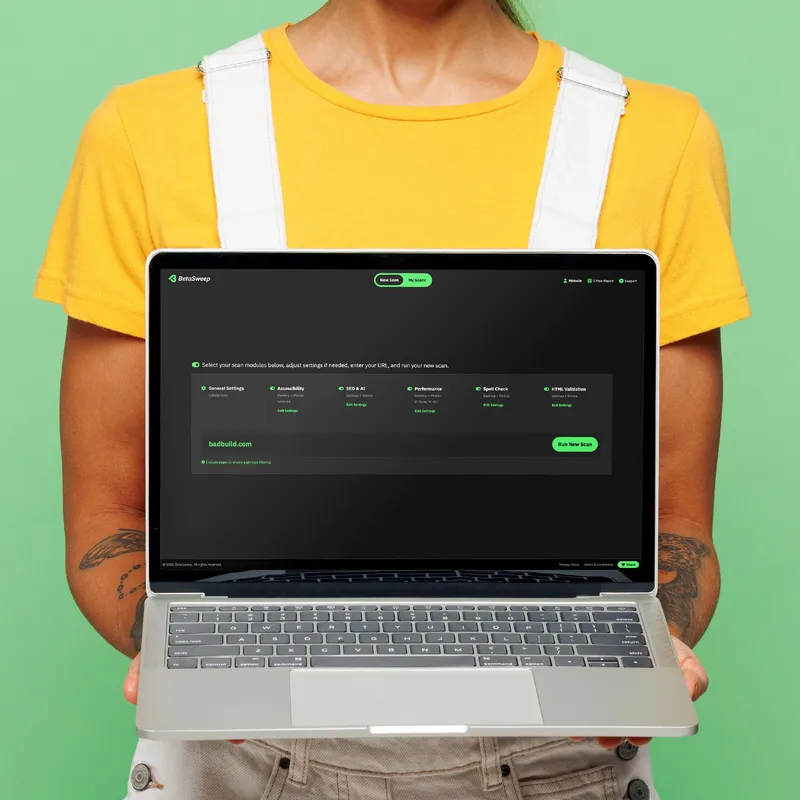 A woman holding a laptop showing the opening screen of the BetaSweep app
